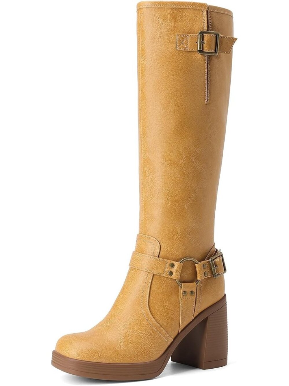 Women's Yellow Faux Leather Block Heel with Platform Square Toe Knee High Boots